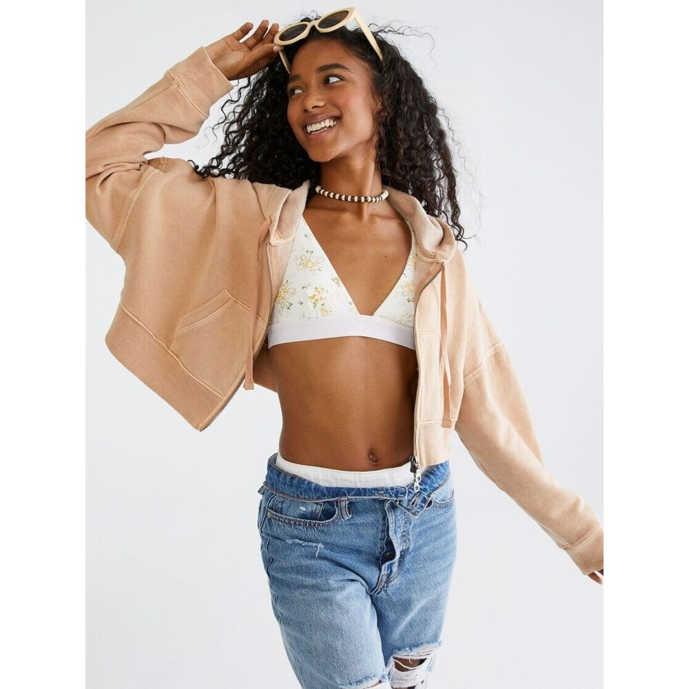 Aeropostale Solid Cropped Full Zipper Hoodie
